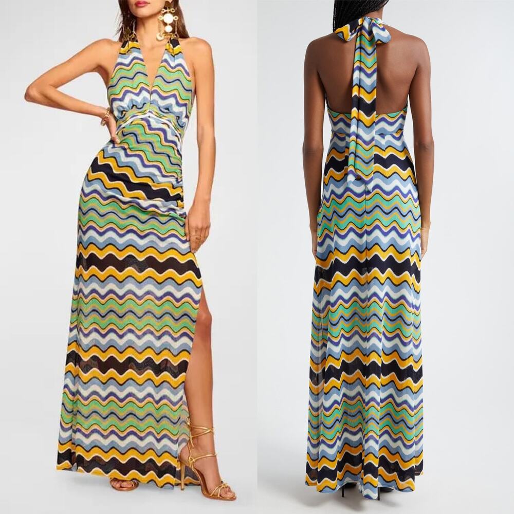 Ramy Brook Alia Boho Eclectic 70s Wave Jacquard Halter Maxi Summer Dress 14 NWT